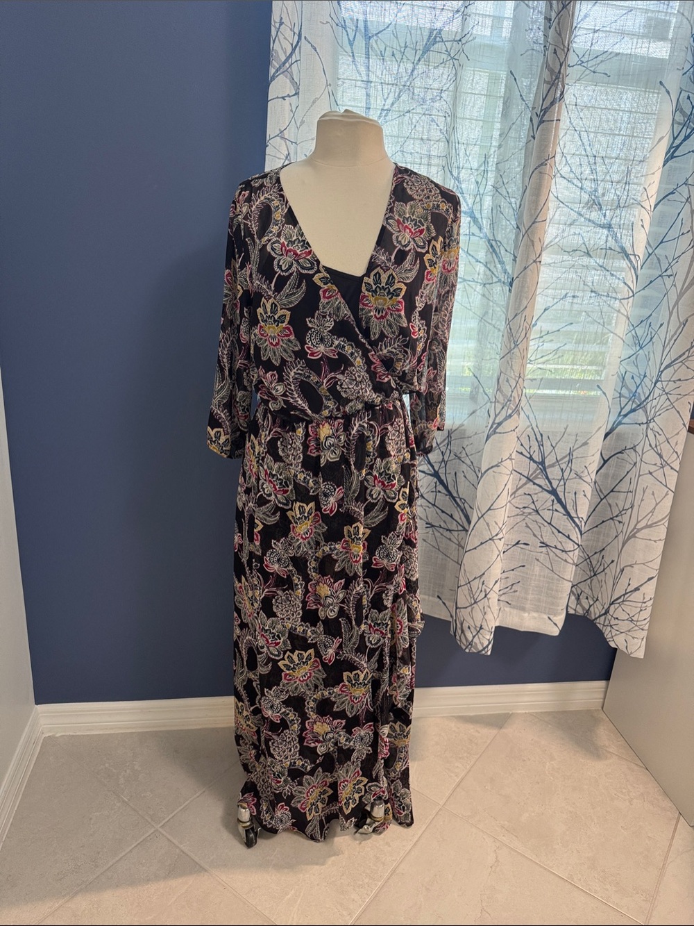 Banana Republic- Floral Wrap Maxi Dress - Black with Pink & Yellow Accents
